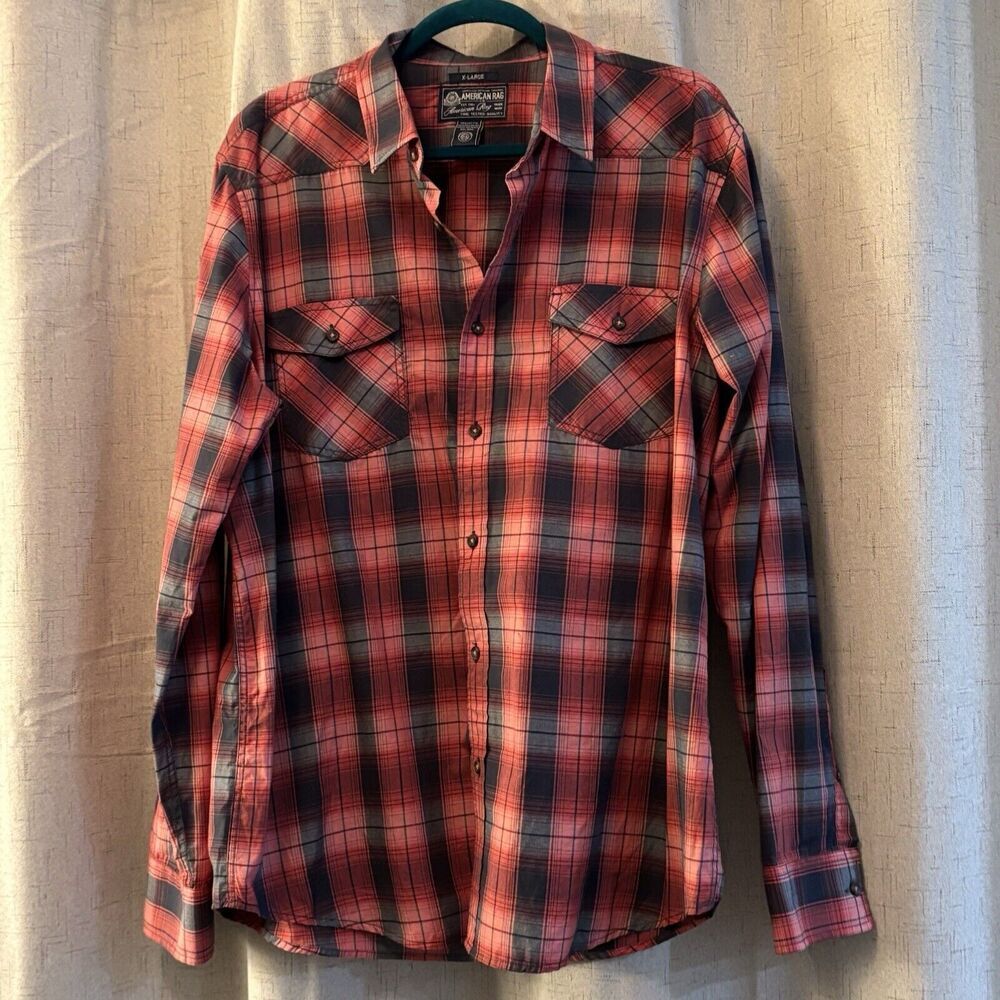 American‎ Rag Shirt Men's Tag Size XL Long Sleeve Red, Gray,  Blue Plaid
